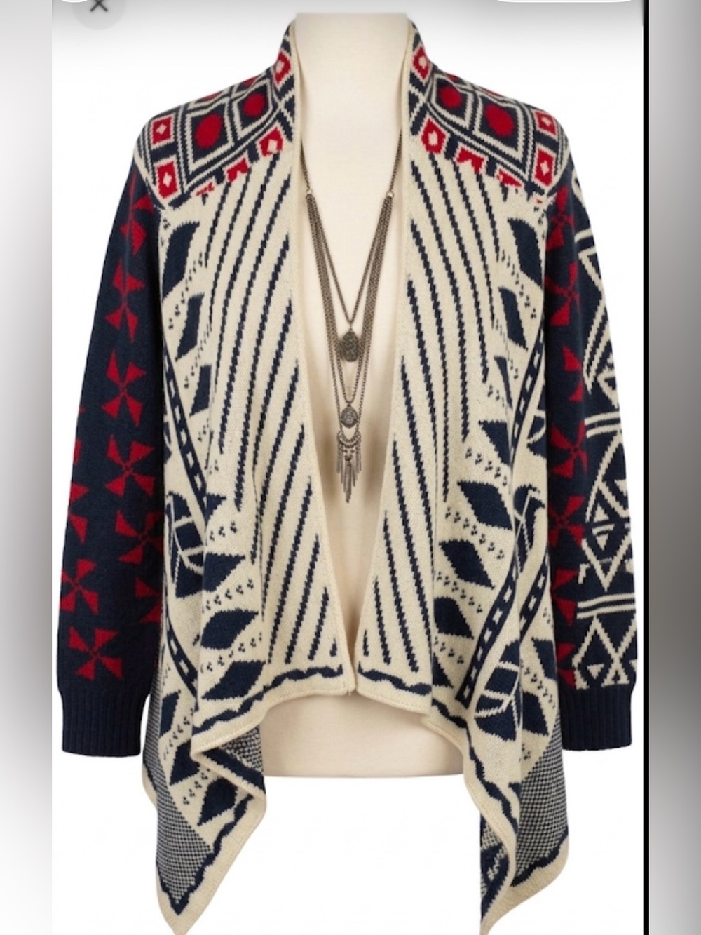 Wanna B Open-Front Tribal Print Cardigan Sweater - Cream, Navy & Red
